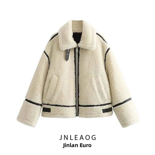 JNLEAOG Autumn New Fashionable Furry Motorcycle Style Coat Long Sleeve Street Style Women's Cotton Jacket