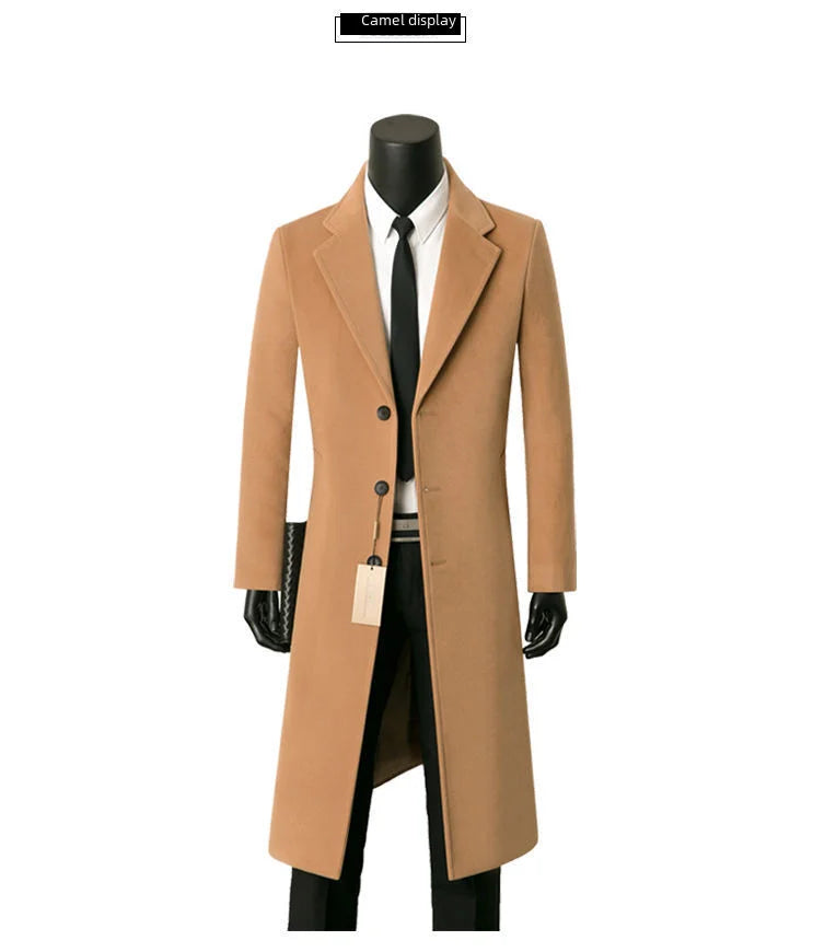 Sobretudo de lã masculino para outono e inverno, comprimento médio, casual, corta-vento quente, jaqueta com gola para pai