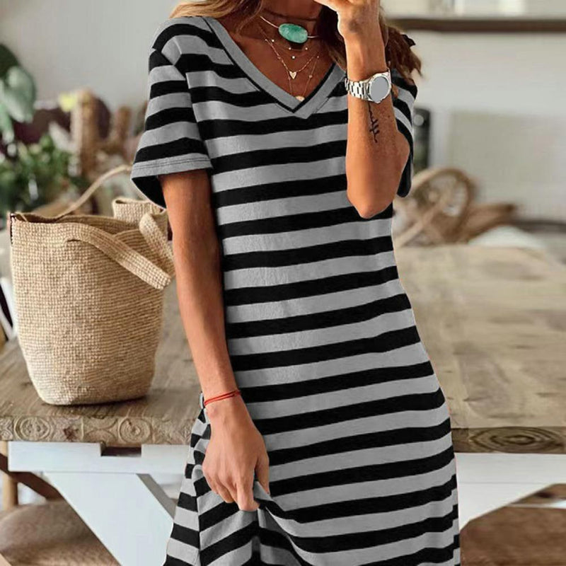Vestidos Plus Size Vestidos Para Mulheres Casual Listra Estampa Decote Em V Manga Curta Solto Vestido Longo Robe Femme