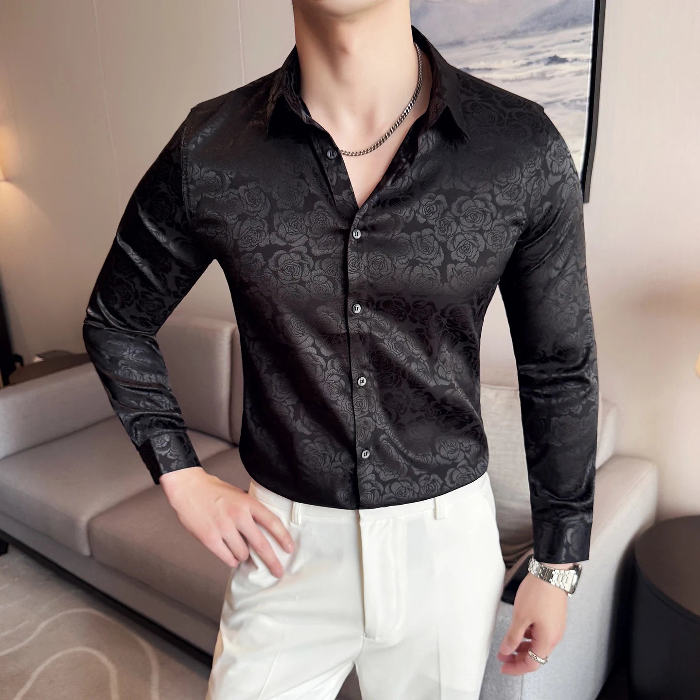 Men's Social Shirt New Rose Printed Long Sleeve Shirt Luxury Fashion Business Slim Fit Formal Shirt Men's Clothing 4XL-M