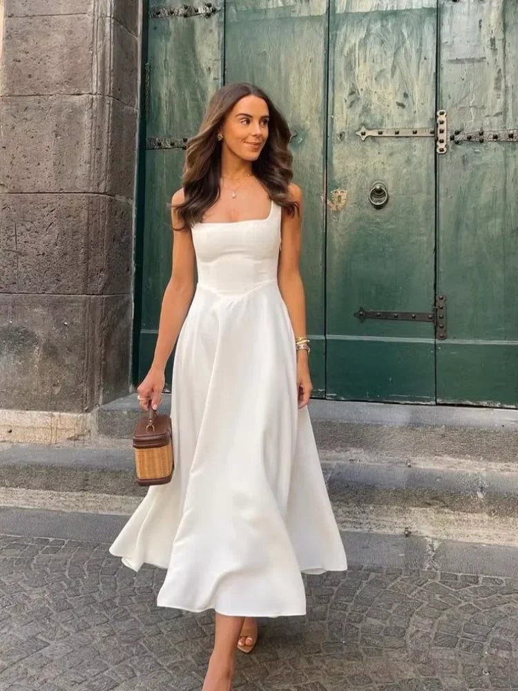 Vestido elegante branco de cintura alta feminino, moda verão, gola quadrada, sem mangas, linha A, 2025, nova vocação, festa na praia, moda urbana