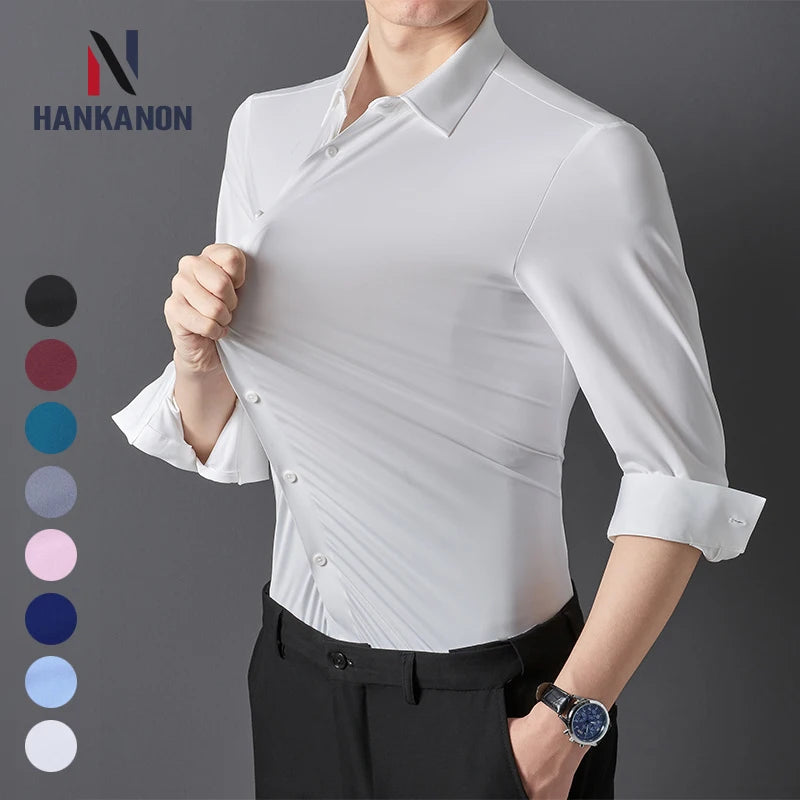 Camisa masculina premium ultraelástica - Camisa formal de manga comprida de seda de alta qualidade para uso social e casual