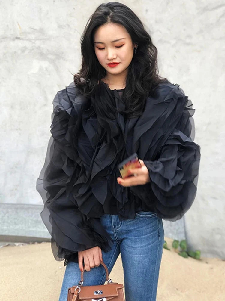 Blusas elegantes de chiffon com babados e patchwork, gola redonda, lanterna, manga comprida, camisa solta