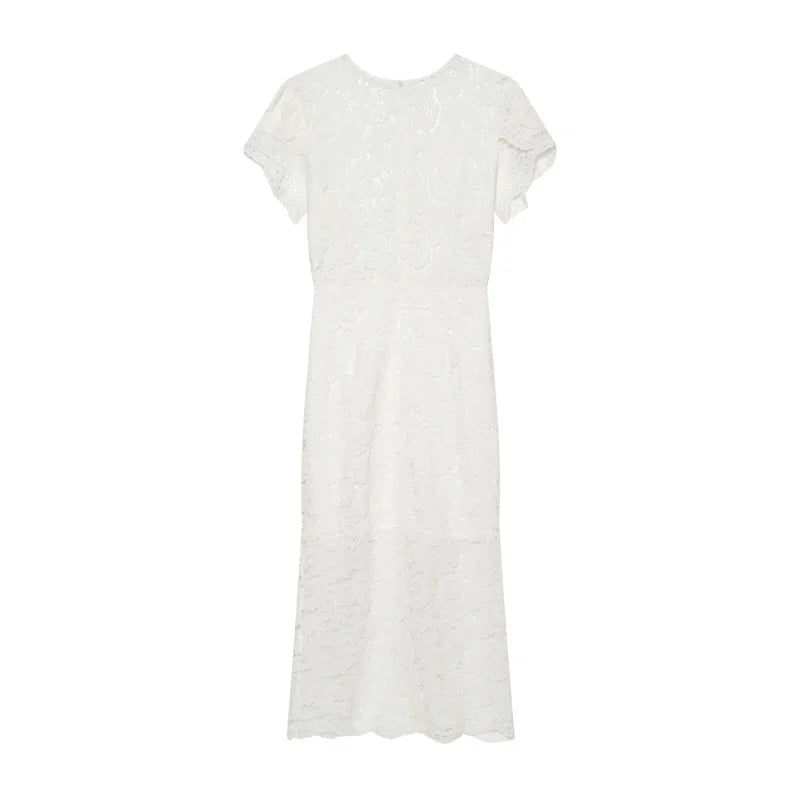 Women's Dress 2026 Summer New Solid Color Short Sleeve V-neck Lace Waistband Long Dress Elegant and Stylish Fashionable