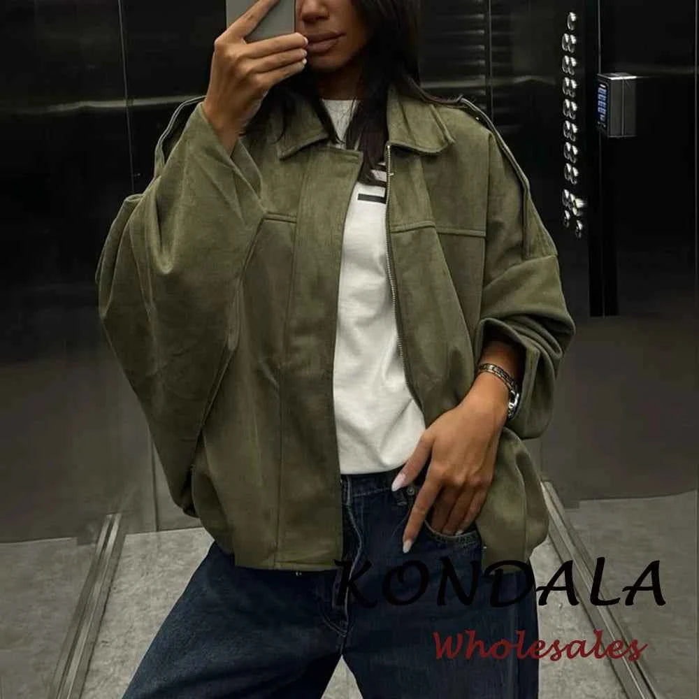 KONDALA Vintage Cool Green Streetwear Women Jacket Fashion 2026 Spring Zipper Folds High Street Chic Modern Female Short Outwear