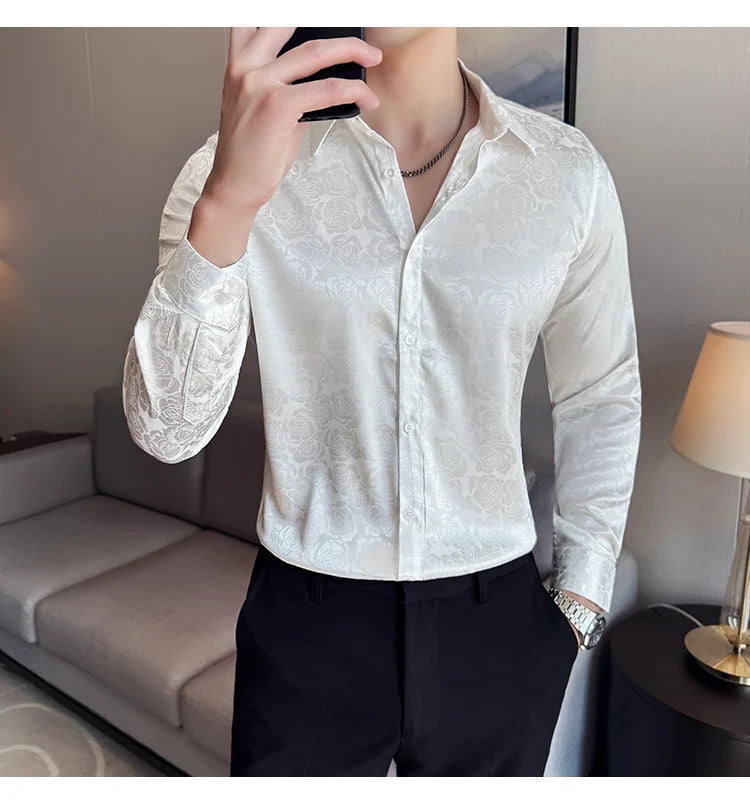 Men's Social Shirt New Rose Printed Long Sleeve Shirt Luxury Fashion Business Slim Fit Formal Shirt Men's Clothing 4XL-M