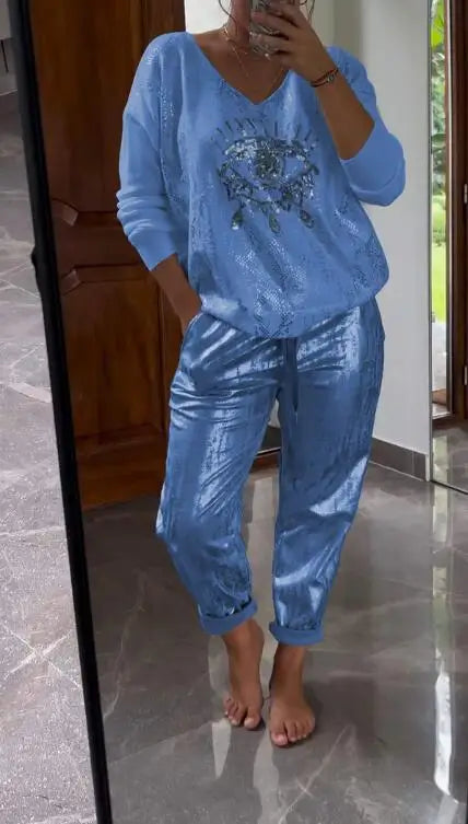 Women Two-piece Set Spring Long Sleeves Bronzing Loose Glossy Top Elastic Waist Pockets Trousers Pants Set Casual Sport Outfit