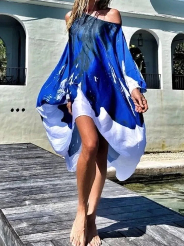 Printed Dresses Women 2025 Summer New Sloping Shoulders Loose Casual Beach Vacation Irregular Dress Fashion Beachwear Vestidos