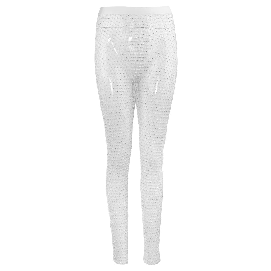 Sparkle Diamante Fishnet Wide Leg Trousers Crystal Mesh Flare Pants High Waisted Rhinestone Split Hem Leggings
