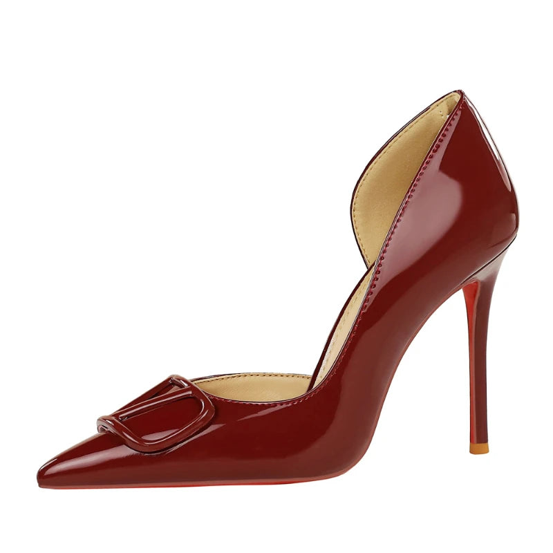 European Banquet Pointed V-Buckle High Heels Thin Heel Patent Leather Side Air Quality Women's Shoes Fashionable And Elegant