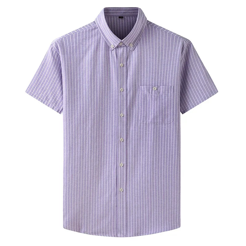 New Summer Men Striped Short Sleeve Shirt Men Dress Shirts Pure Color Business Work Button Up Shirt Big Social Korean Clothes
