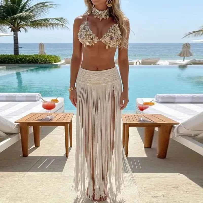 Summer Sexy Hand Hooked Party Skirt 2026 Spring Elegant Fringe Solid Color Long Skirt Women Fashion Hight Waist Beach Half Skirt