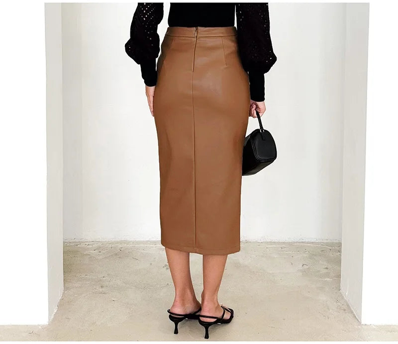 Women Midi Leather Skirt Sexy Split High Waist Zipper PU Front Slit Skirts Ladies Black Faux Leather Folded Skirt For Women