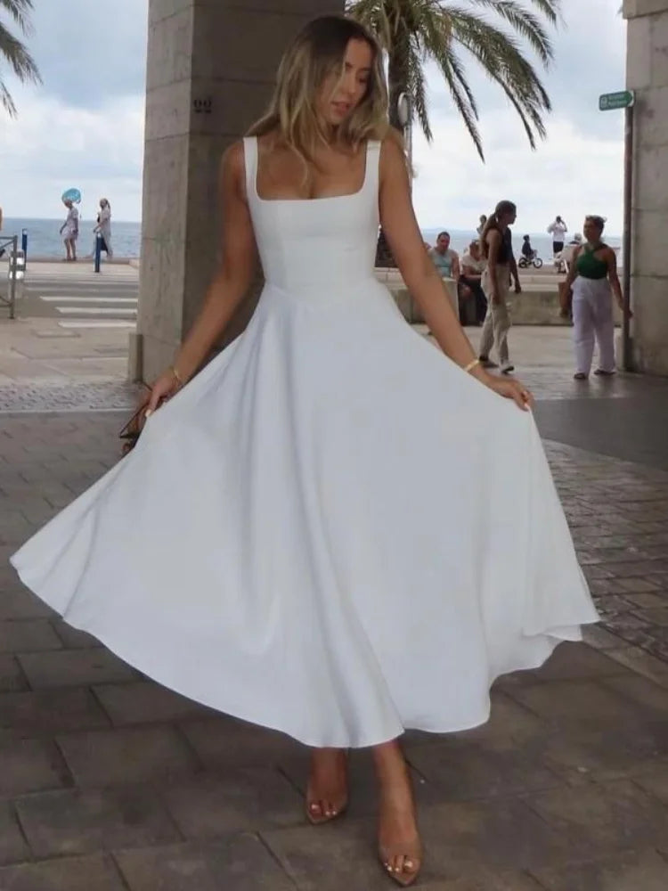 Vestido elegante branco de cintura alta feminino, moda verão, gola quadrada, sem mangas, linha A, 2025, nova vocação, festa na praia, moda urbana