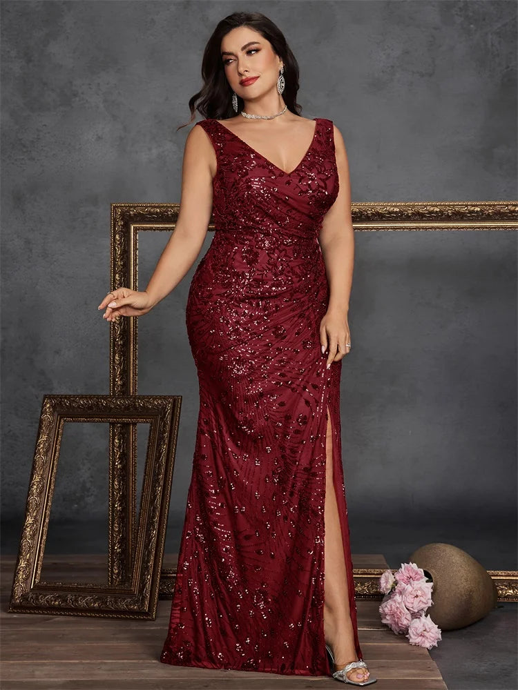 BLUEPLUM Plus Size Elegant Slit Evening Dress 2025 Long Mermaid Formal Sequins Sexy V-neck Caicktail Wedding Party Prom Gowns