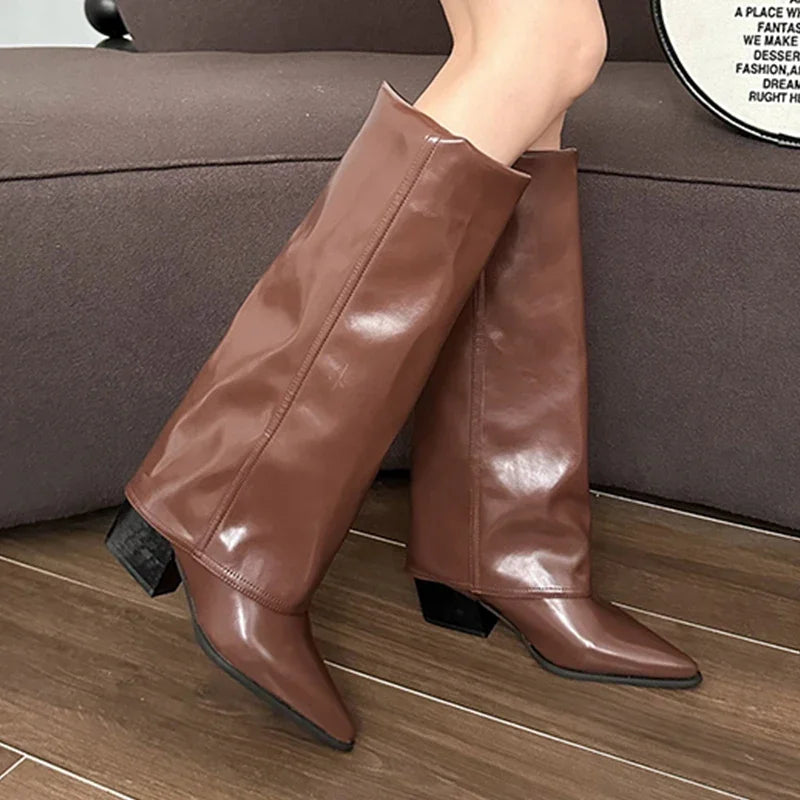 Botas de couro chunky de salto alto femininas, bico fino, estilo Chelsea, novas bombas femininas, botas gladiadoras para neve