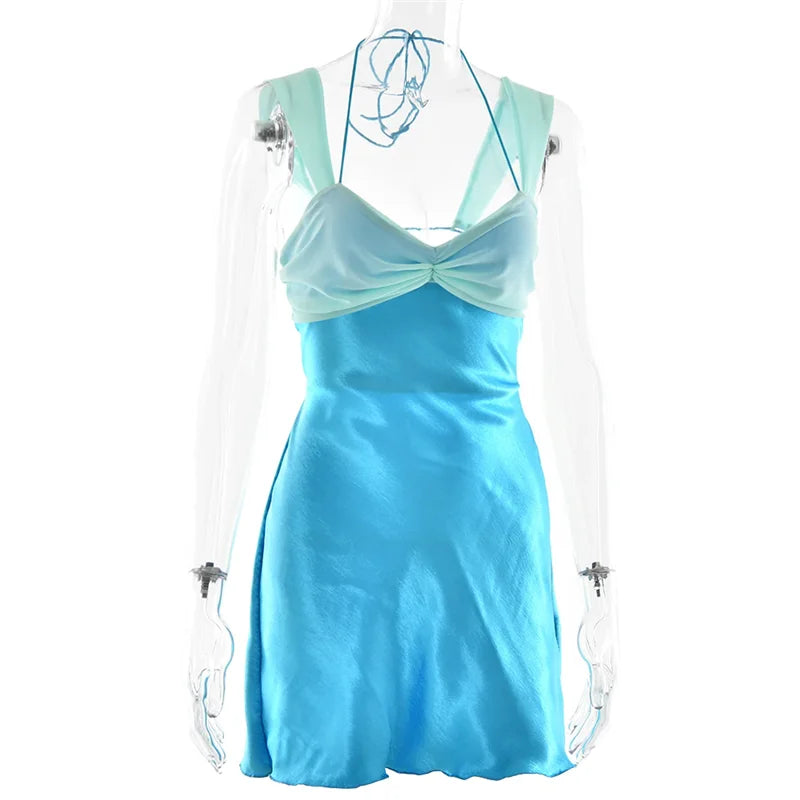 Mozision Patchwork Sleeveless Sexy Mini Dress For Women Robe Satin Strapless Backless Lace-up High Waist A-line Club Dress