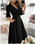 Autumn New Casual Women's Fashion Long-sleeved V-neck Printed Pattern Mid-length Elegant Printed Women's Dress