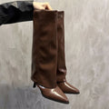 Botas de couro chunky de salto alto femininas, bico fino, estilo Chelsea, novas bombas femininas, botas gladiadoras para neve