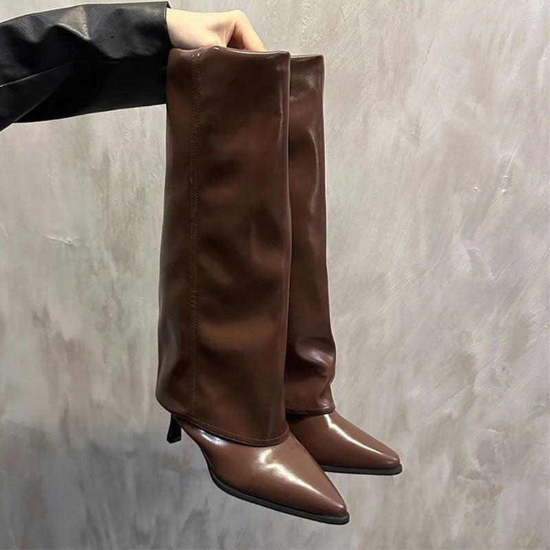 Botas de couro chunky de salto alto femininas, bico fino, estilo Chelsea, novas bombas femininas, botas gladiadoras para neve