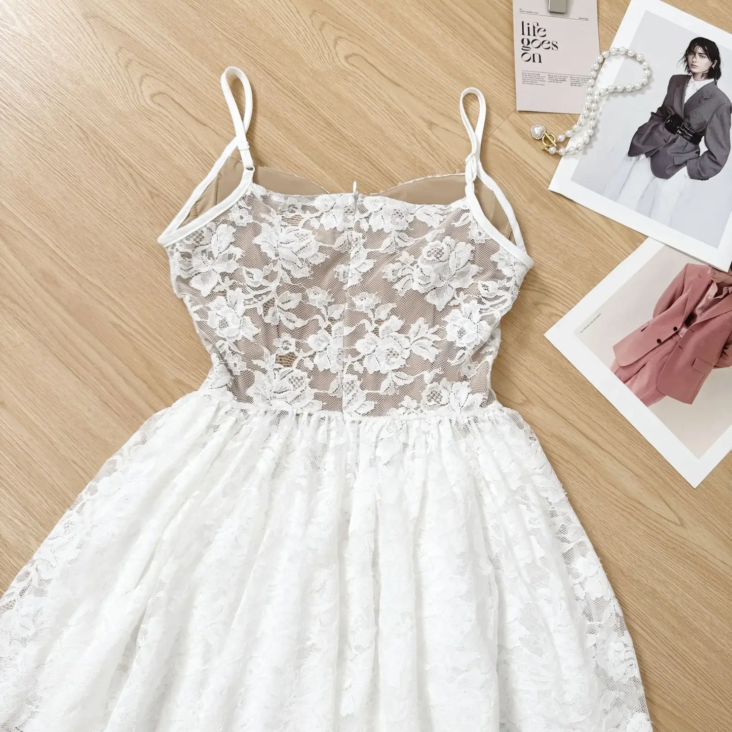 Spring Summer Vietnamese Design Mini Dress Lace Hollow out Puff Sleeve Square Collar Waist Cinched Pleated Low Waist Line