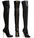 Botas femininas pretas da moda, cor sólida, salto alto fino, zíper traseiro de metal, botas acima do joelho