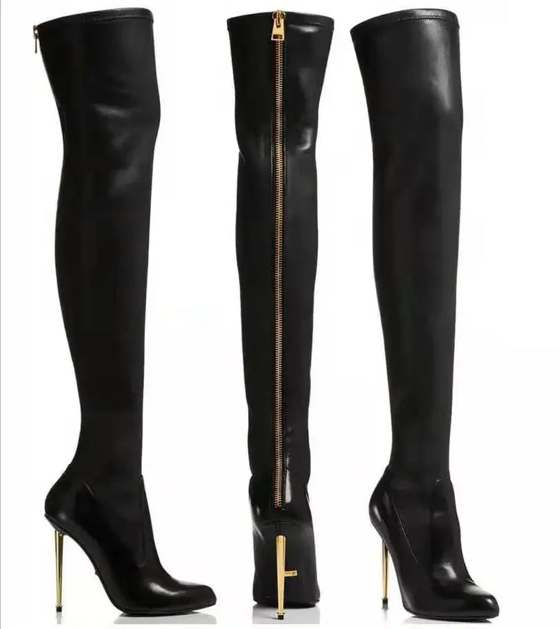 Botas femininas pretas da moda, cor sólida, salto alto fino, zíper traseiro de metal, botas acima do joelho