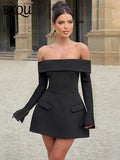 BKQU Elegant Solid Backless Mini Dress Women High Waist Fashion Long Sleeve Slim A-line Dresses 2024 Autumn Party Evening Dress