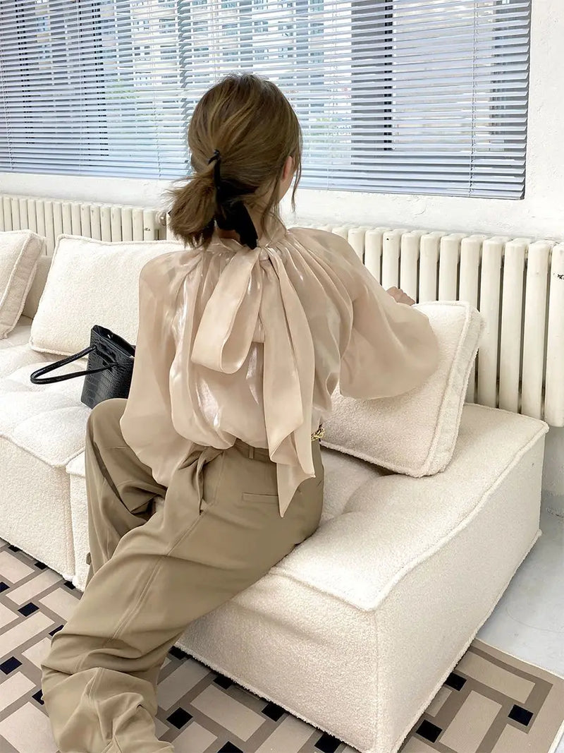 Camisas Manga Lanterna Gola Alta Sólida Casual Vintage Elegante Temperamento Manga Comprida