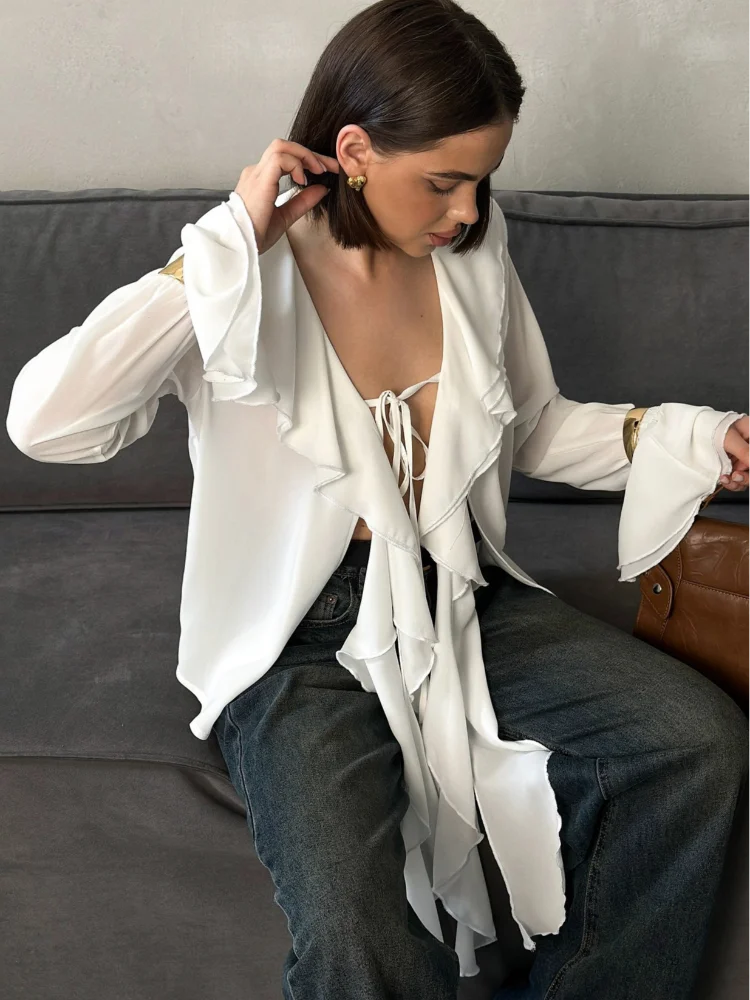 Blusa feminina elegante, azul, gola alta, babados, manga comprida, lisa, solta, chiffon, nova blusa feminina de verão 2025