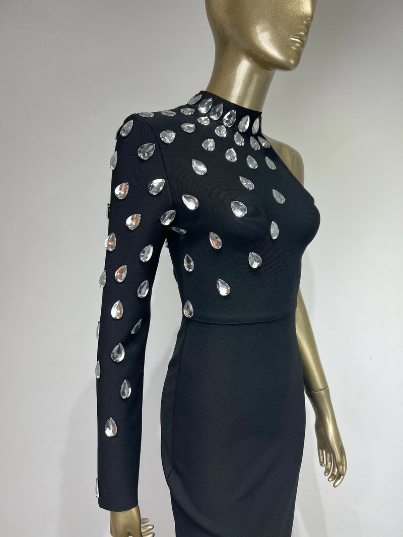 Women Celebrity Sexy Single Sleeve Rhinestone Black Maxi Long Bodycon Bandage Dress 2023 Elegant Evening Club Party Dress