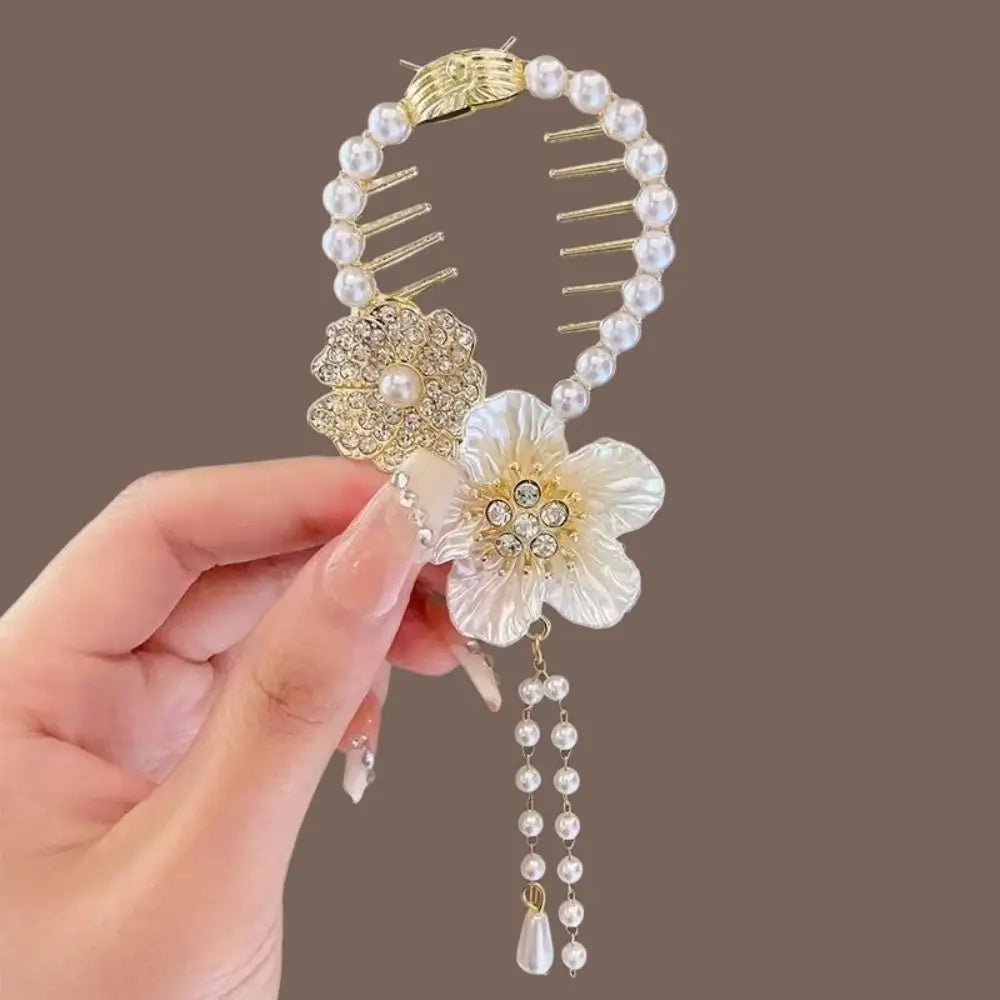 Chinese Style Flower Tassel Hair Bun Buckle High Ponytail Buckle Pearl Chain Pan Hair Claw Clip Fashion Lovely Alloy Headwear