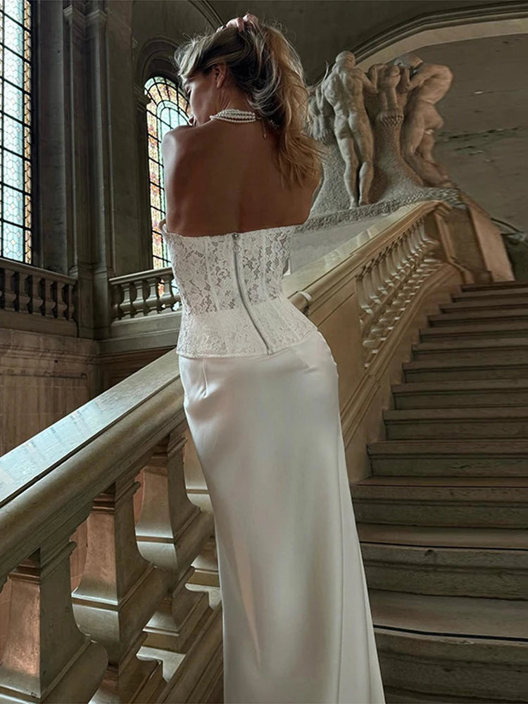 Conjuntos elegantes de renda e cetim com top e saia longa femininos, blusa justa e ombro de fora, robes femininos para festa de verão e noite