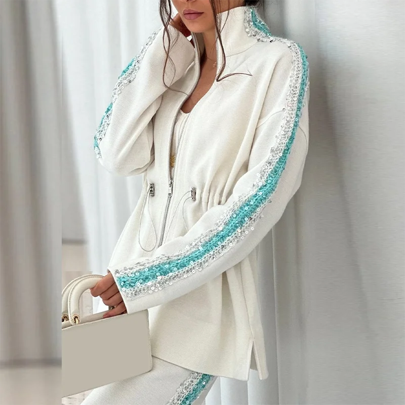 Vintage Sequin Solid Color Long Sleeved Drawstring Top & Wide Leg Pants suit 2025 New Elegant Shiny Lady Chic Office Autumn set