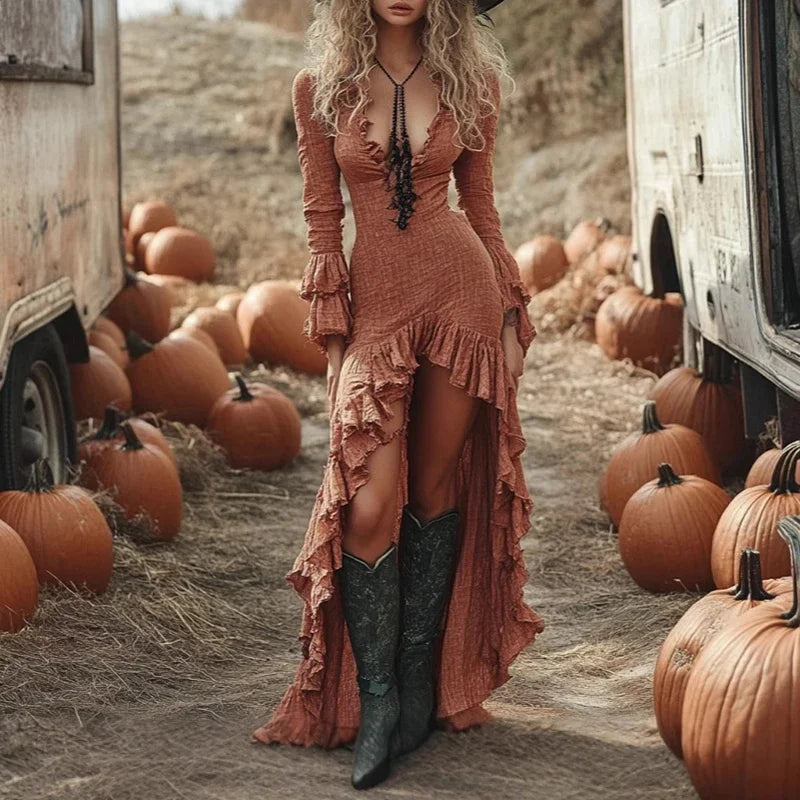 Vestido étnico retrô com babados irregulares, decote em V, slim, festa, vestido longo, outono, borboleta, manga comprida, boho, maxi vestido