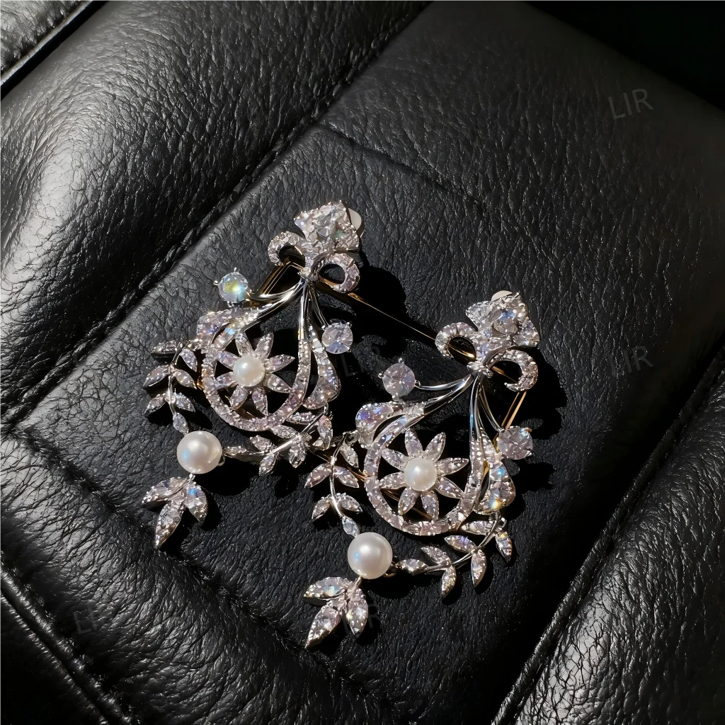LIR Women's Custom Jewelry Set: Austrian Court Crown Gem Necklace, Sparkly Carved Wheat Ear Zircon Pearl Earrings