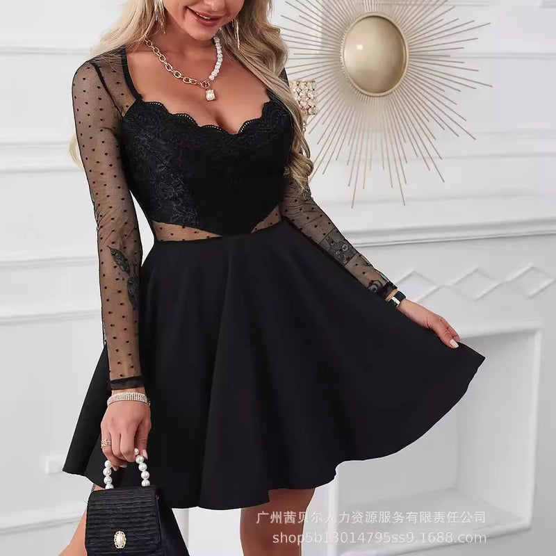 Women Dress Mini Dresses Sexy V Neck Lace A Line Slim High Waist Elegant Spring Black Bodycon Party Night Black Club Vestidos