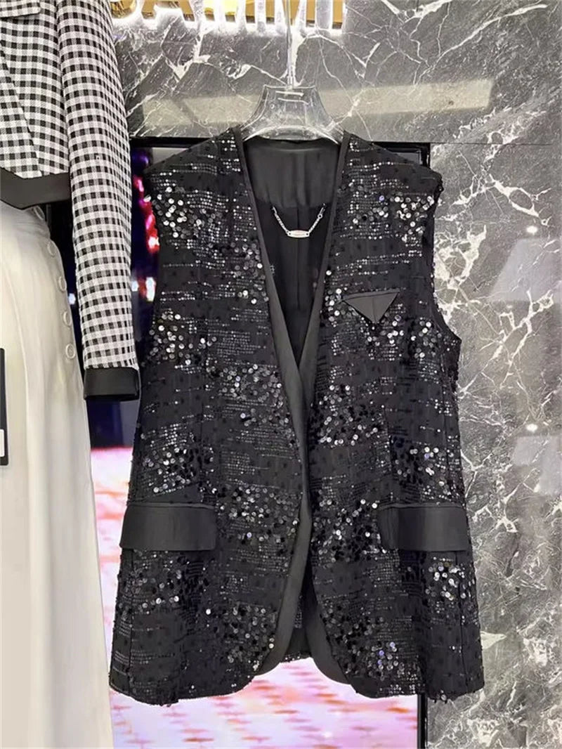 European Brand V-neck Temperament Socialite Sequin Jacket For Women, Mid To Long Style, Stylish Thin Style, Sparkling Top XQ145