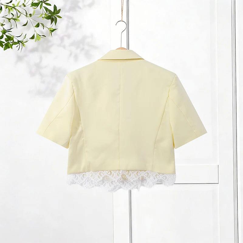 Fashion Lace Insert Two-Piece Suit Women Lapel Short Sleeve Cropped Blazer Mini Culottes 2026 Summer New Lady Office Party Wear