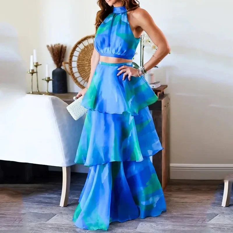 Cake Skirt Set Women Dress Sets Two Piece Sets Sexy Print Sleeveless Short Tops Elegant Splice High Waist A Line Long Skirts