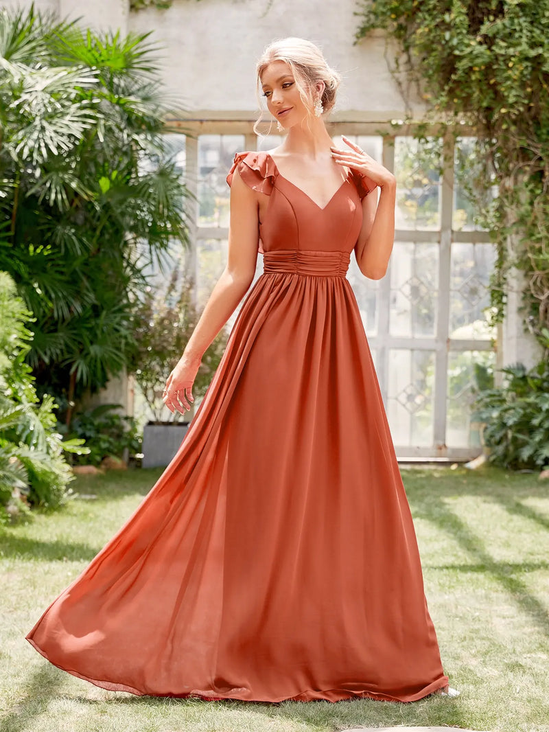 Vestido de noite longo com decote em V, manga curta, babados, renda, vestido de baile, vestido de festa, vestido de madrinha