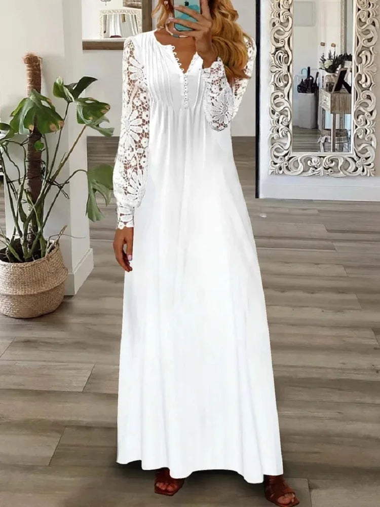 Spring Summer Women's New Fashionable Printed V-neck Sexy Lace Lace Patchwork Single Breasted Long Casual Comfortable Dress