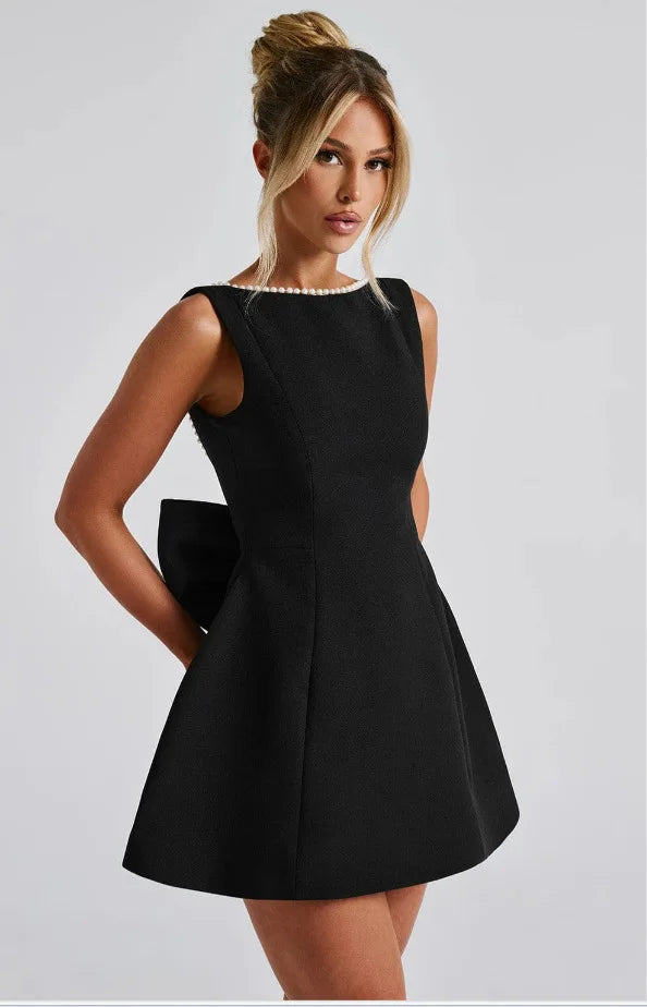 Elegant Pearl Bow Backless Short Dress Women's Sleeveless Party Cute Mini Dresses Black White Pink Chic Birthday Evening Y2K New