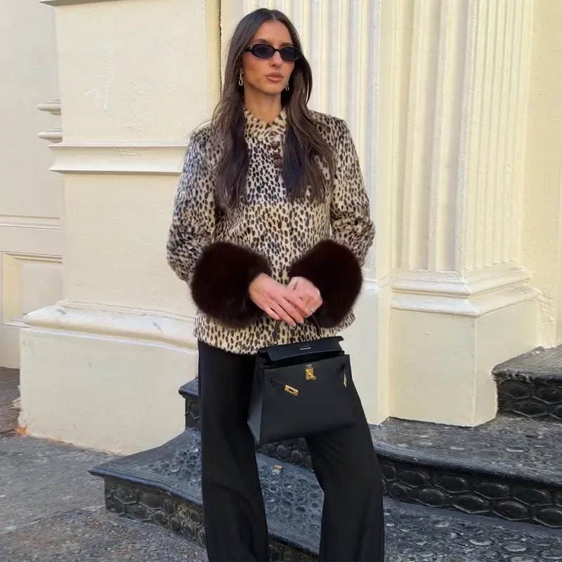 Spring Thin Fur Women's Coat Fashion Leopard Print Full Sleeve Female Jackets 2026 Spring Street New Single Breasted Lady Coats
