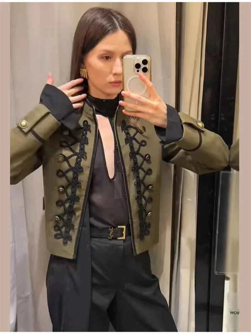 Women's Jacket 2026 Spring New Solid Color Long Sleeve Rope Knot Button Napoleon Style Slim Jacket Fashionable and Unique