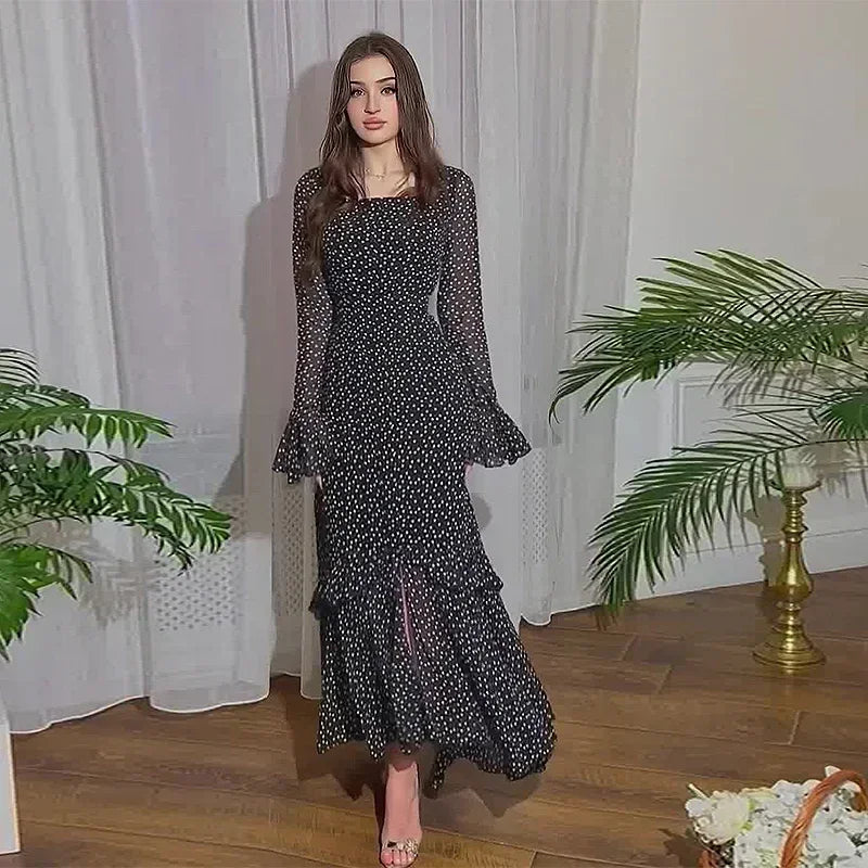 2025 Women's Dress Elegant Fresh Sweet Polka Dot Print Asymmetrical Layered Long Sleeve Tie Details High Waist Slim Maxi Dress