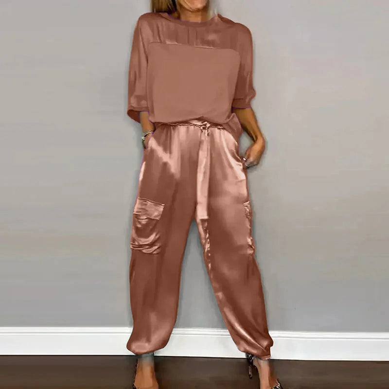 Women Smooth Satin Half Sleeve Top And Pants Set Women Casual Summer Satin Pajama Set solid color party Glossy Outfits - CRAVO ROSE