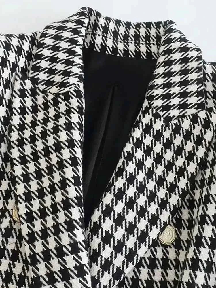 Women Fashion Double Breasted Houndstooth Blazer Coat Vintage Long Sleeve Flap Pockets Female Outerwear Chic Vestes