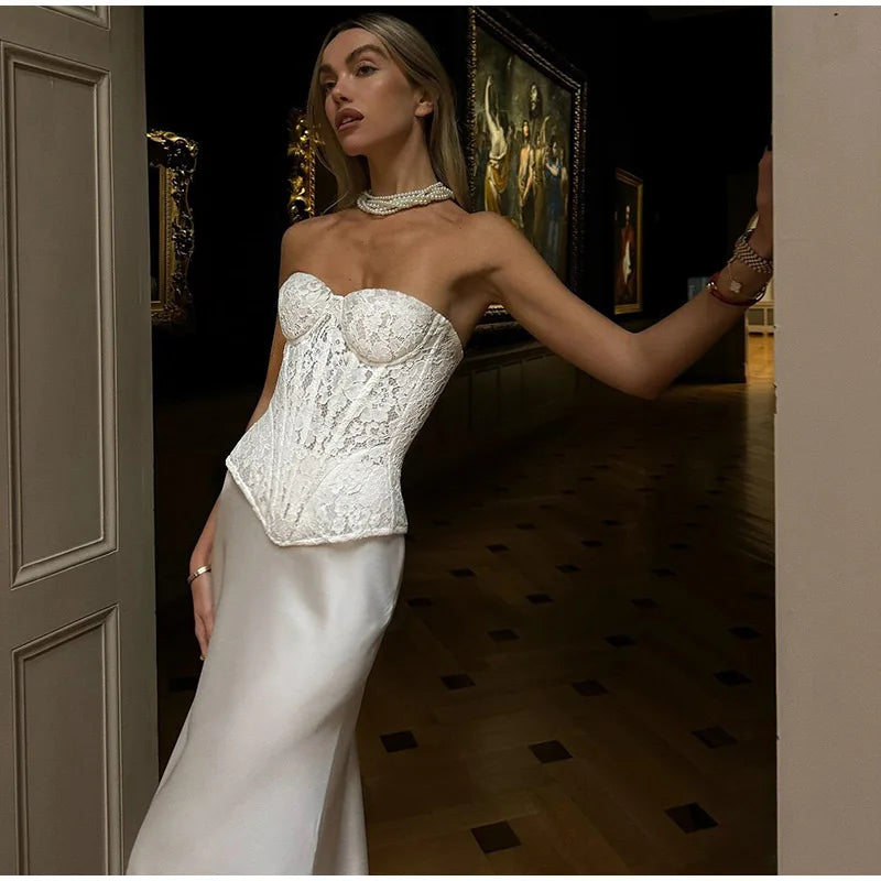 Conjuntos elegantes de renda e cetim com top e saia longa femininos, blusa justa e ombro de fora, robes femininos para festa de verão e noite