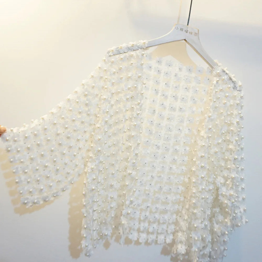 Women Beads Coat 2025 Summer Style Women Perspective Shawl Fashion Hollow Out Lace Boleros Short Sleeve Coats Jackets Femal